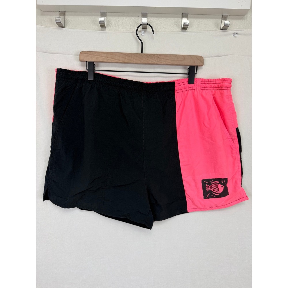 Cheetah Nylon Colorblock Swim Trunks Mens Large Black Pink Vintage 90s Retro